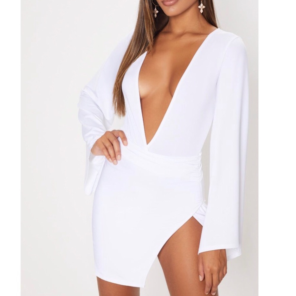 White Plunge Dress with Draped Sleeves